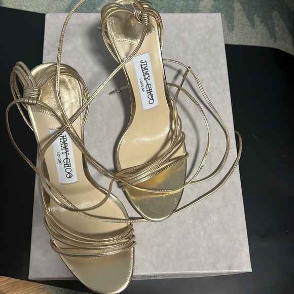 Jimmy Choo Antia 85 Gold Metallic Sandals - Picture 3 of 9